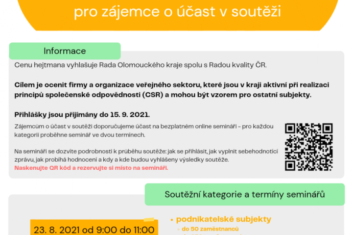 Cena hejtmana Olomouckého kraje za společenskou odpovědnost - seminář pro zájemce o účast v soutěži