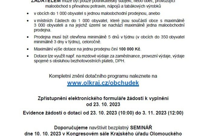 Dotační program Obchůdek 2023 v Olomouckém kraji
