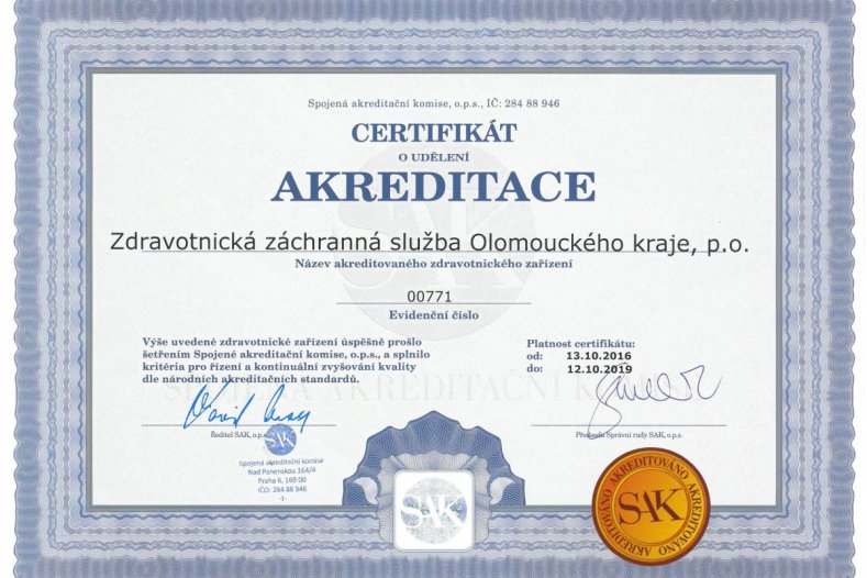 Zdravotnická záchranná služba Olomouckého kraje má jako první na Moravě certifikát kvality a bezpečí